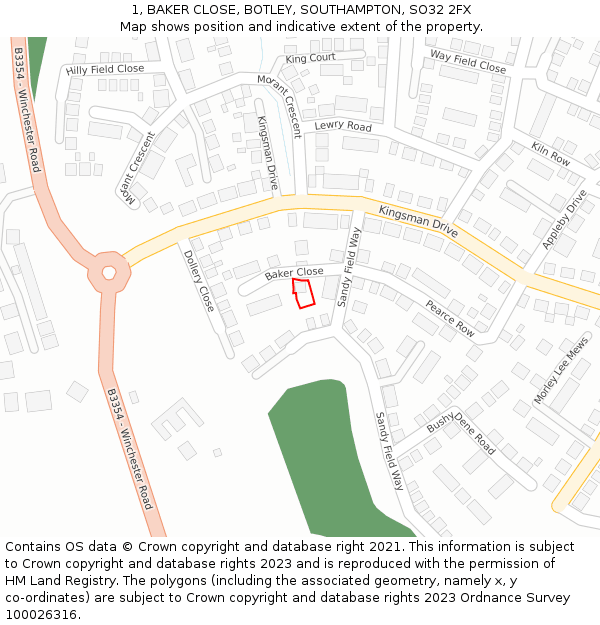 1, BAKER CLOSE, BOTLEY, SOUTHAMPTON, SO32 2FX: Location map and indicative extent of plot