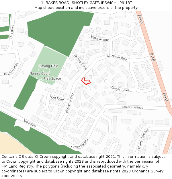 1, BAKER ROAD, SHOTLEY GATE, IPSWICH, IP9 1RT: Location map and indicative extent of plot