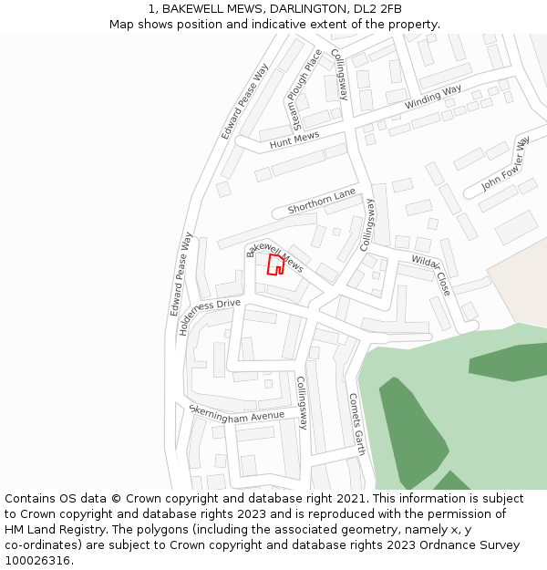 1, BAKEWELL MEWS, DARLINGTON, DL2 2FB: Location map and indicative extent of plot