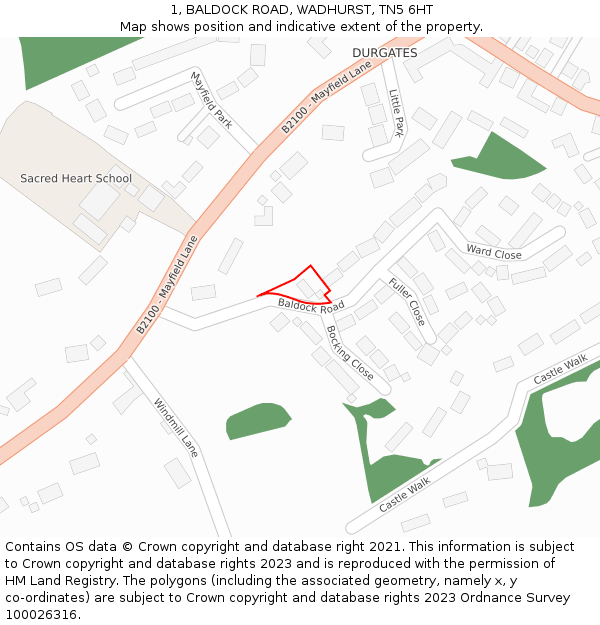 1, BALDOCK ROAD, WADHURST, TN5 6HT: Location map and indicative extent of plot