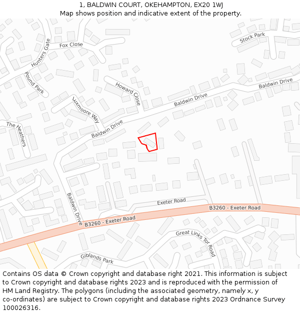 1, BALDWIN COURT, OKEHAMPTON, EX20 1WJ: Location map and indicative extent of plot