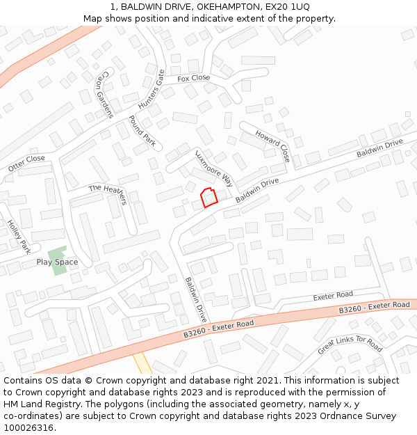 1, BALDWIN DRIVE, OKEHAMPTON, EX20 1UQ: Location map and indicative extent of plot