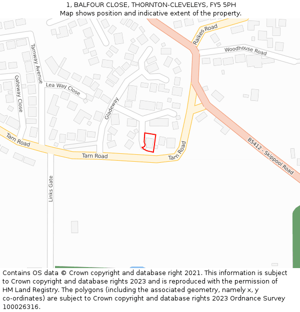 1, BALFOUR CLOSE, THORNTON-CLEVELEYS, FY5 5PH: Location map and indicative extent of plot