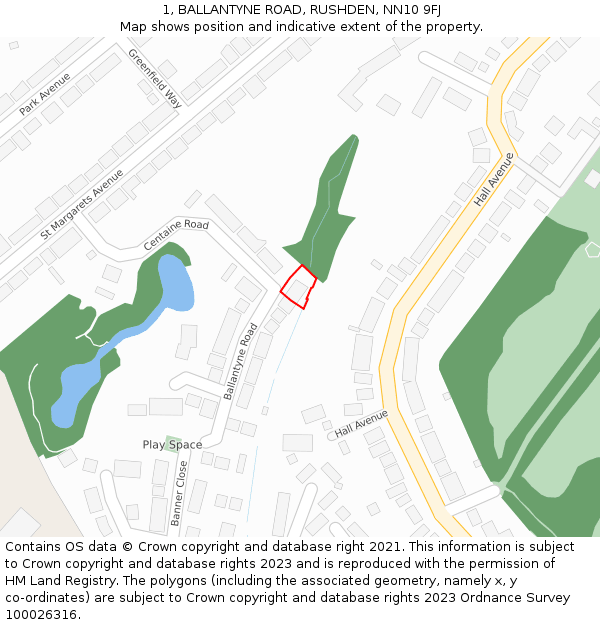 1, BALLANTYNE ROAD, RUSHDEN, NN10 9FJ: Location map and indicative extent of plot