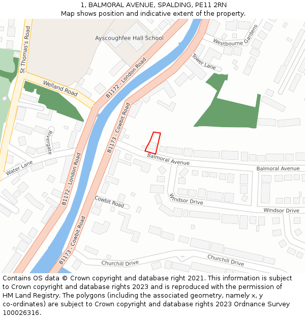 1, BALMORAL AVENUE, SPALDING, PE11 2RN: Location map and indicative extent of plot