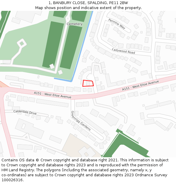 1, BANBURY CLOSE, SPALDING, PE11 2BW: Location map and indicative extent of plot