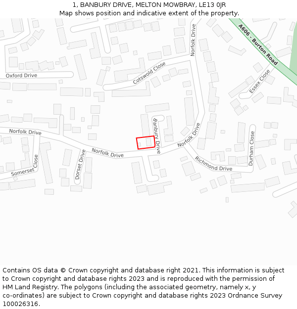 1, BANBURY DRIVE, MELTON MOWBRAY, LE13 0JR: Location map and indicative extent of plot