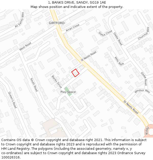 1, BANKS DRIVE, SANDY, SG19 1AE: Location map and indicative extent of plot