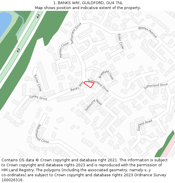 1, BANKS WAY, GUILDFORD, GU4 7NL: Location map and indicative extent of plot