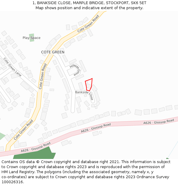 1, BANKSIDE CLOSE, MARPLE BRIDGE, STOCKPORT, SK6 5ET: Location map and indicative extent of plot
