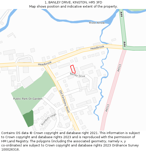 1, BANLEY DRIVE, KINGTON, HR5 3FD: Location map and indicative extent of plot