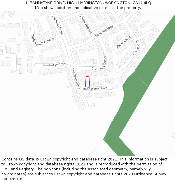 1, BANNATYNE DRIVE, HIGH HARRINGTON, WORKINGTON, CA14 4LQ: Location map and indicative extent of plot