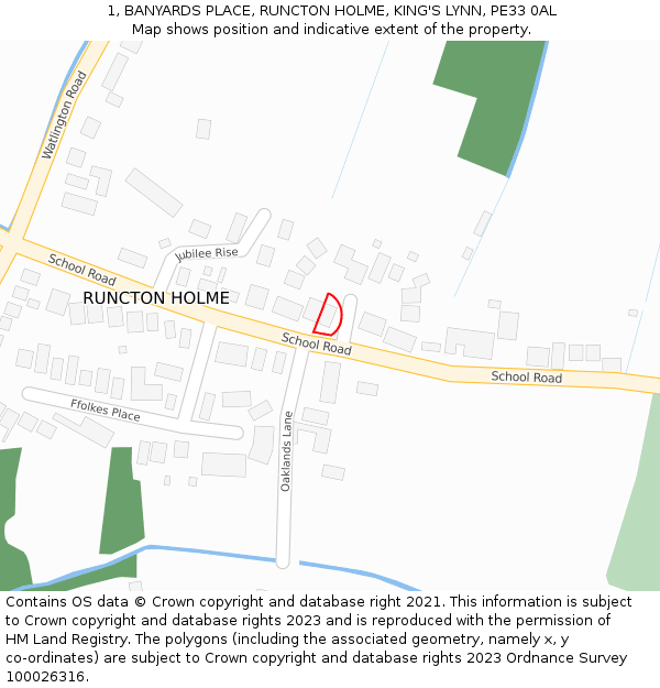 1, BANYARDS PLACE, RUNCTON HOLME, KING'S LYNN, PE33 0AL: Location map and indicative extent of plot