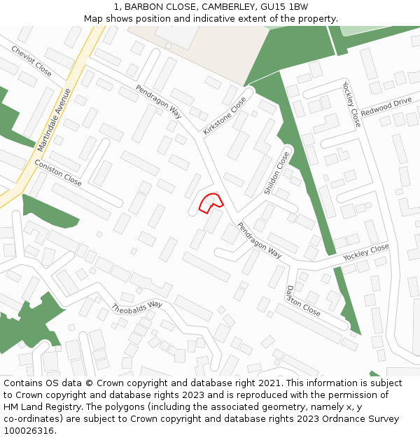 1, BARBON CLOSE, CAMBERLEY, GU15 1BW: Location map and indicative extent of plot