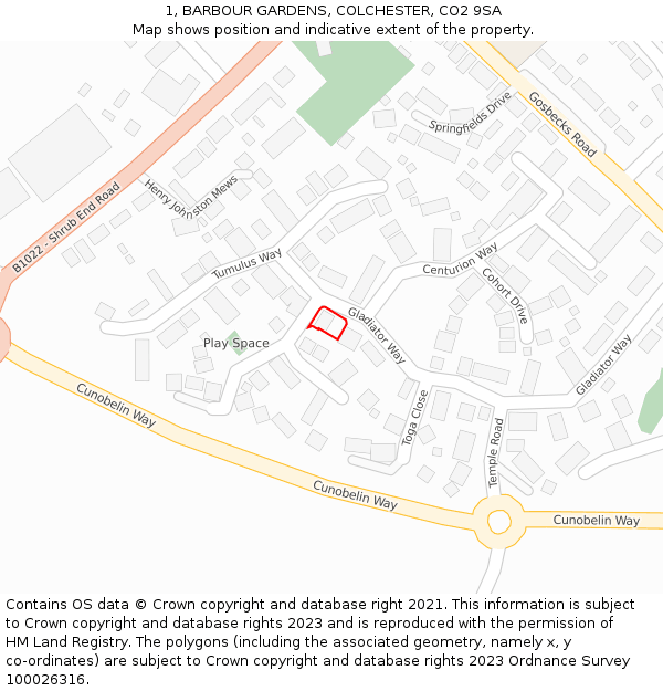 1, BARBOUR GARDENS, COLCHESTER, CO2 9SA: Location map and indicative extent of plot