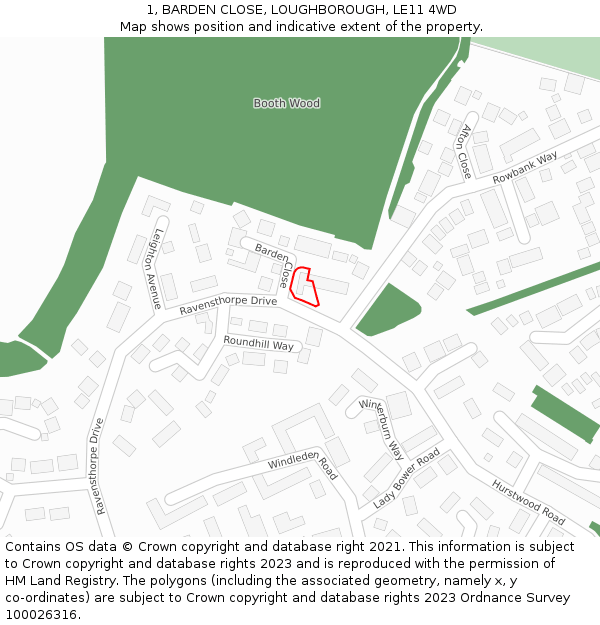 1, BARDEN CLOSE, LOUGHBOROUGH, LE11 4WD: Location map and indicative extent of plot