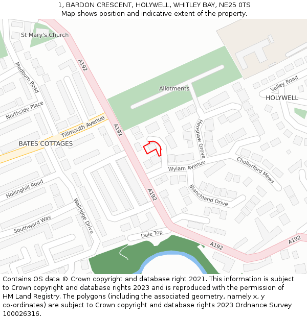 1, BARDON CRESCENT, HOLYWELL, WHITLEY BAY, NE25 0TS: Location map and indicative extent of plot