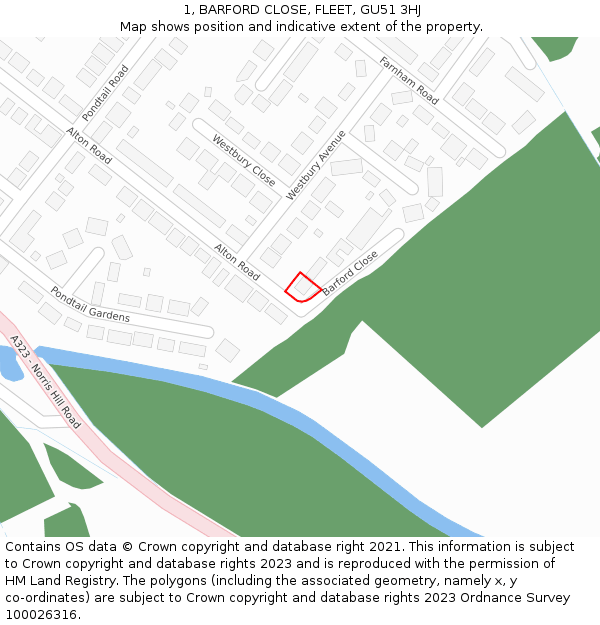 1, BARFORD CLOSE, FLEET, GU51 3HJ: Location map and indicative extent of plot