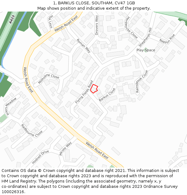 1, BARKUS CLOSE, SOUTHAM, CV47 1GB: Location map and indicative extent of plot
