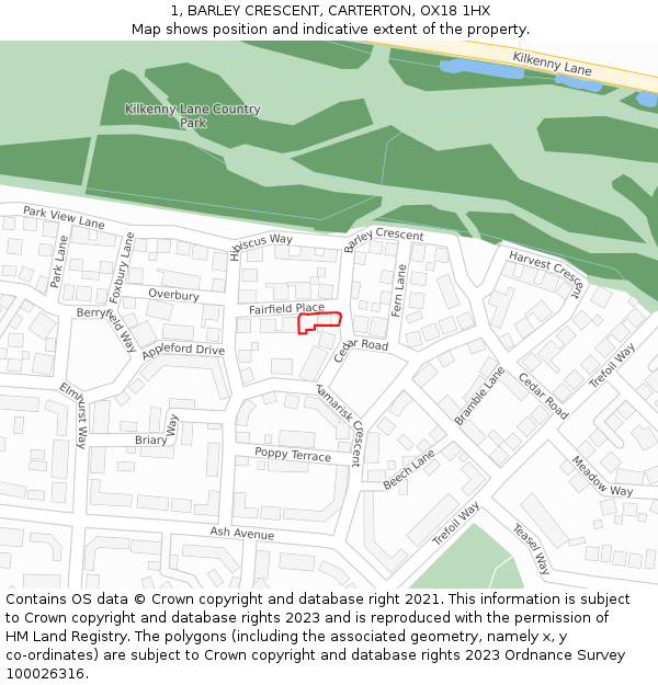 1, BARLEY CRESCENT, CARTERTON, OX18 1HX: Location map and indicative extent of plot