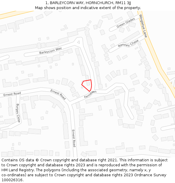 1, BARLEYCORN WAY, HORNCHURCH, RM11 3JJ: Location map and indicative extent of plot