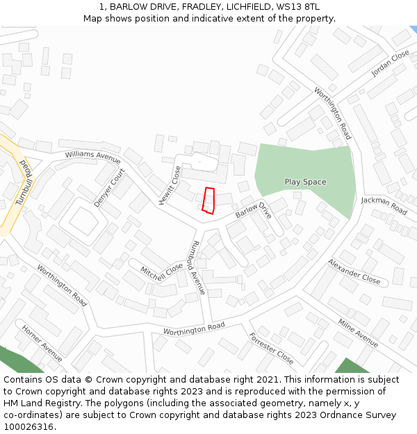 1, BARLOW DRIVE, FRADLEY, LICHFIELD, WS13 8TL: Location map and indicative extent of plot