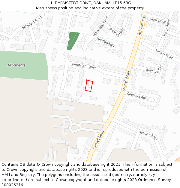 1, BARMSTEDT DRIVE, OAKHAM, LE15 6RG: Location map and indicative extent of plot