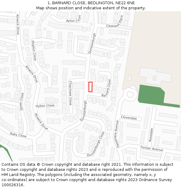 1, BARNARD CLOSE, BEDLINGTON, NE22 6NE: Location map and indicative extent of plot