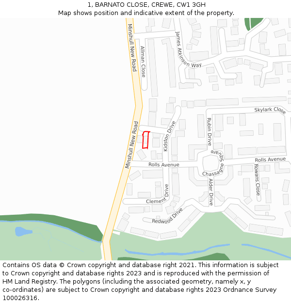 1, BARNATO CLOSE, CREWE, CW1 3GH: Location map and indicative extent of plot