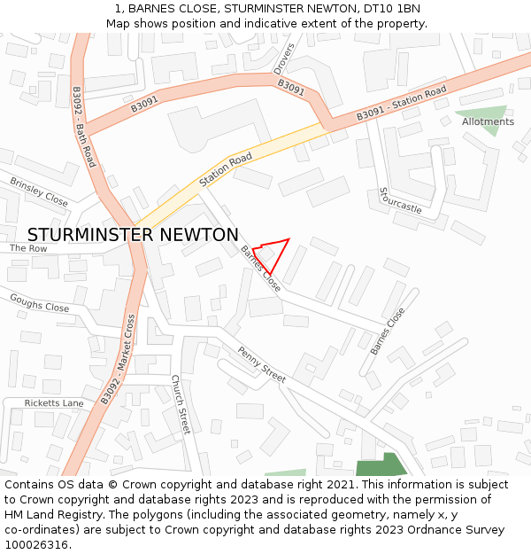 1, BARNES CLOSE, STURMINSTER NEWTON, DT10 1BN: Location map and indicative extent of plot