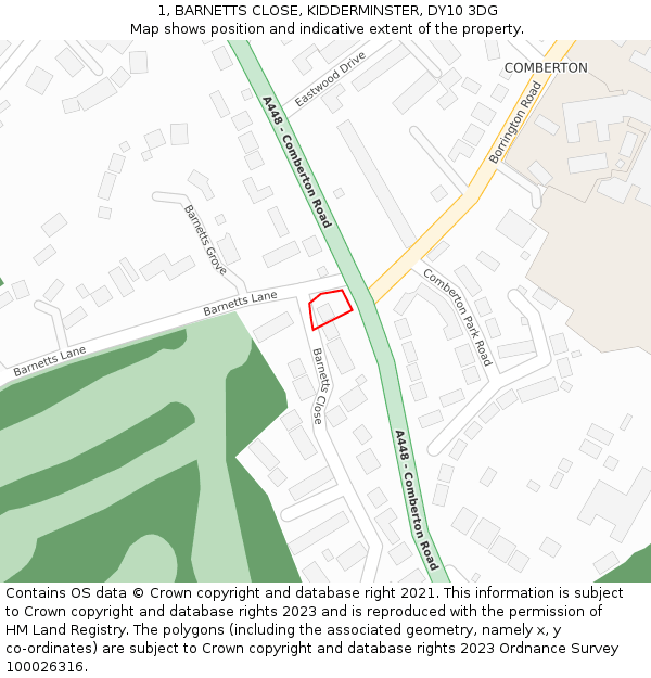1, BARNETTS CLOSE, KIDDERMINSTER, DY10 3DG: Location map and indicative extent of plot