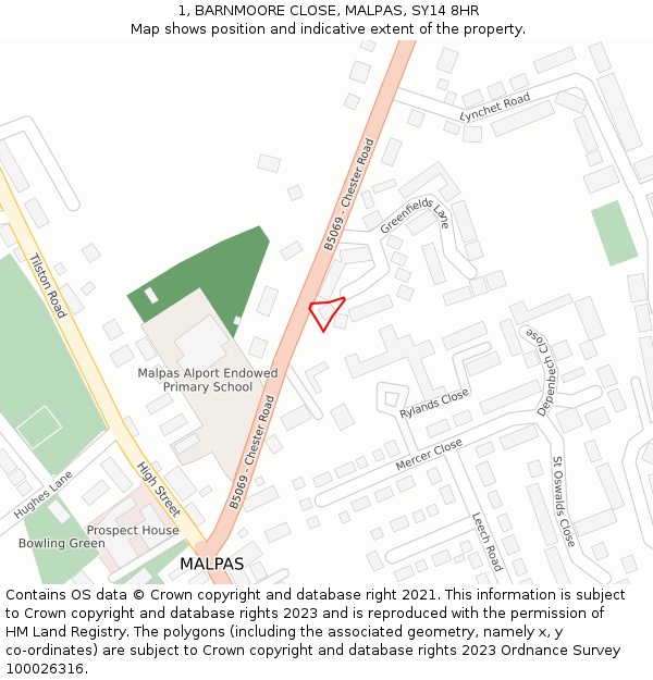 1, BARNMOORE CLOSE, MALPAS, SY14 8HR: Location map and indicative extent of plot