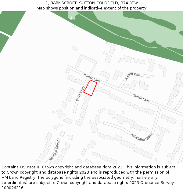 1, BARNSCROFT, SUTTON COLDFIELD, B74 3BW: Location map and indicative extent of plot