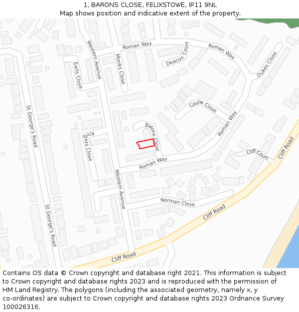 1, BARONS CLOSE, FELIXSTOWE, IP11 9NL: Location map and indicative extent of plot
