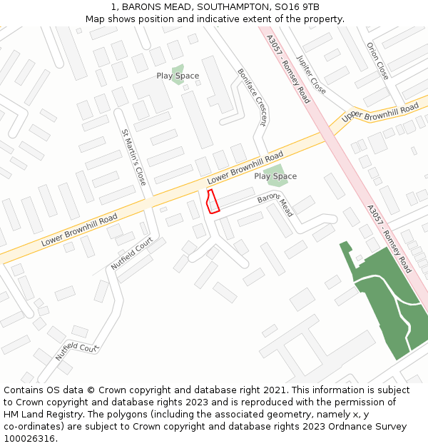 1, BARONS MEAD, SOUTHAMPTON, SO16 9TB: Location map and indicative extent of plot