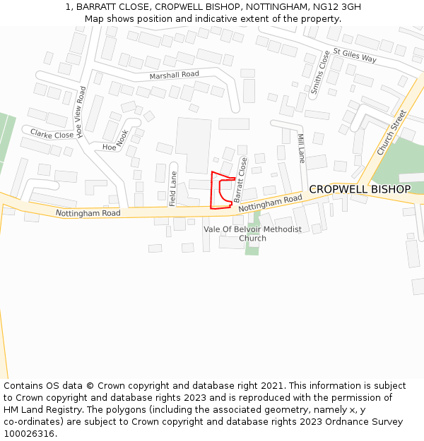 1, BARRATT CLOSE, CROPWELL BISHOP, NOTTINGHAM, NG12 3GH: Location map and indicative extent of plot