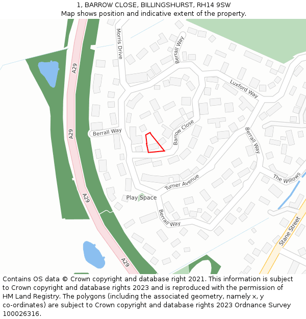 1, BARROW CLOSE, BILLINGSHURST, RH14 9SW: Location map and indicative extent of plot