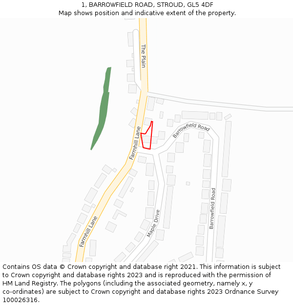 1, BARROWFIELD ROAD, STROUD, GL5 4DF: Location map and indicative extent of plot