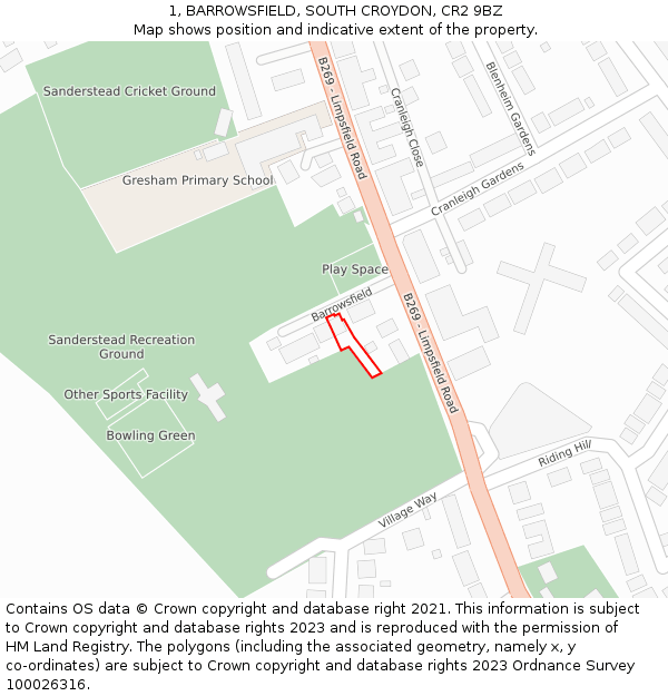 1, BARROWSFIELD, SOUTH CROYDON, CR2 9BZ: Location map and indicative extent of plot