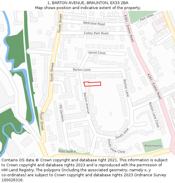 1, BARTON AVENUE, BRAUNTON, EX33 2BA: Location map and indicative extent of plot