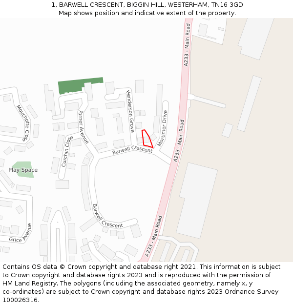 1, BARWELL CRESCENT, BIGGIN HILL, WESTERHAM, TN16 3GD: Location map and indicative extent of plot