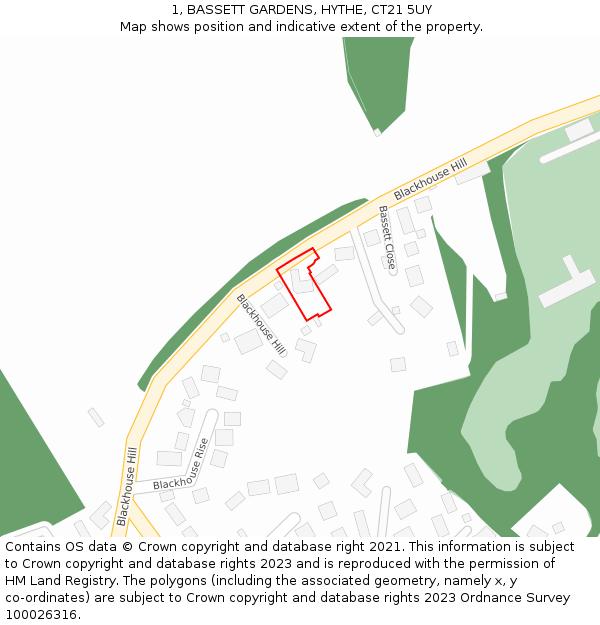 1, BASSETT GARDENS, HYTHE, CT21 5UY: Location map and indicative extent of plot