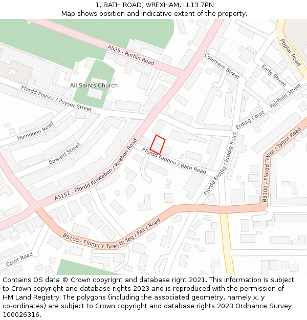 1, BATH ROAD, WREXHAM, LL13 7PN: Location map and indicative extent of plot