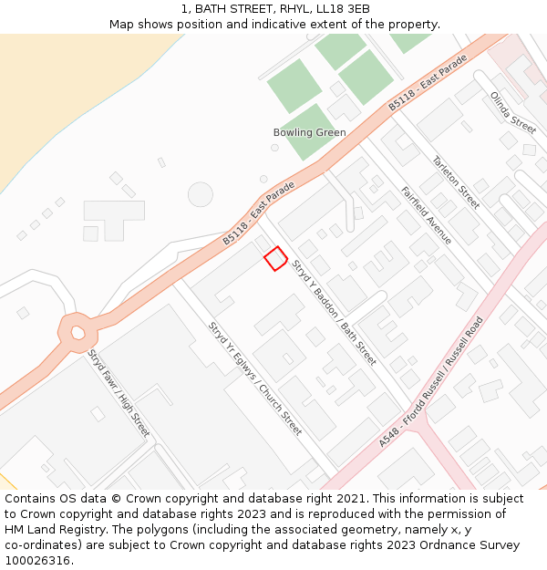 1, BATH STREET, RHYL, LL18 3EB: Location map and indicative extent of plot