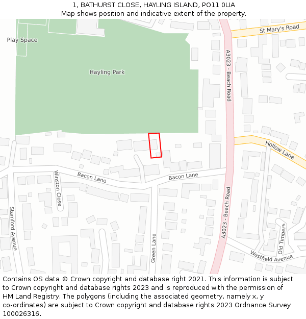 1, BATHURST CLOSE, HAYLING ISLAND, PO11 0UA: Location map and indicative extent of plot