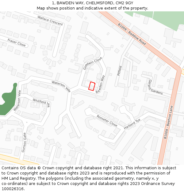 1, BAWDEN WAY, CHELMSFORD, CM2 9GY: Location map and indicative extent of plot