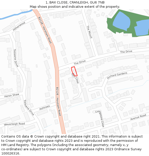 1, BAX CLOSE, CRANLEIGH, GU6 7NB: Location map and indicative extent of plot