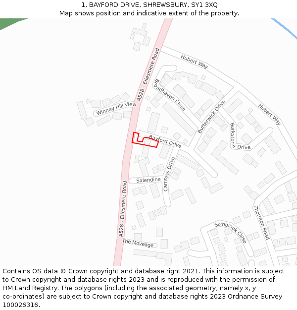 1, BAYFORD DRIVE, SHREWSBURY, SY1 3XQ: Location map and indicative extent of plot