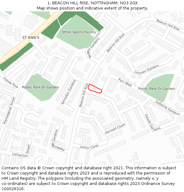 1, BEACON HILL RISE, NOTTINGHAM, NG3 2GX: Location map and indicative extent of plot