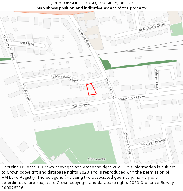 1, BEACONSFIELD ROAD, BROMLEY, BR1 2BL: Location map and indicative extent of plot